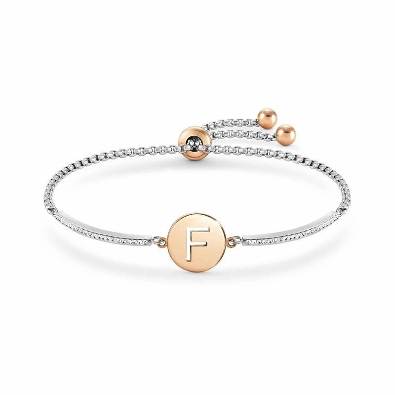 Nomination Milleluci Bracelet, Letter F, Crystal Pave, Rose PVD, Stainless Steel