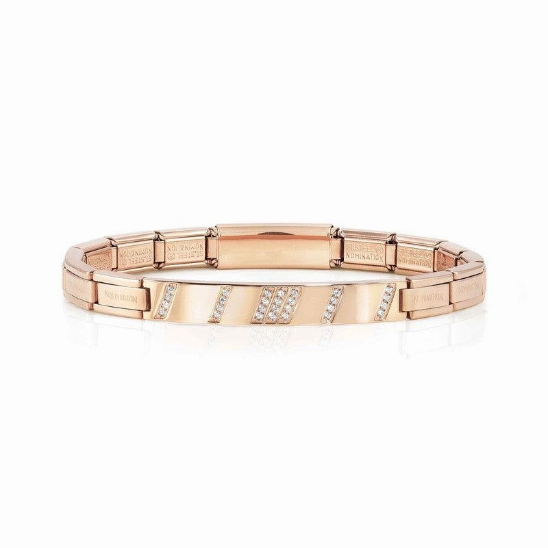 Nomination Trendsetter New York Bracelet, Diagonal Plate, Cubic Zirconia, Rose PVD, Stainless Steel