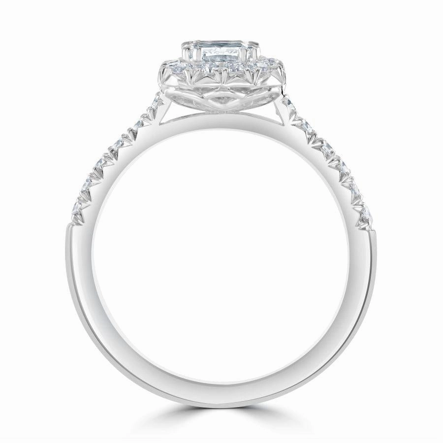 Platinum Cushion Cut Diamond Halo Ring with Diamond Shoulders