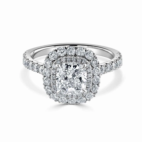 Platinum Cushion Shaped Diamond Double Halo Cluster Ring with Diamond Shoulders