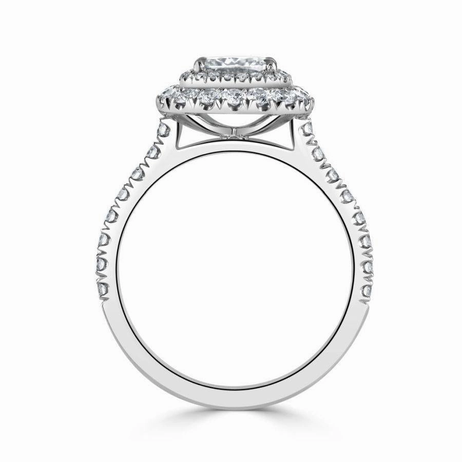 Platinum Cushion Shaped Diamond Double Halo Cluster Ring with Diamond Shoulders