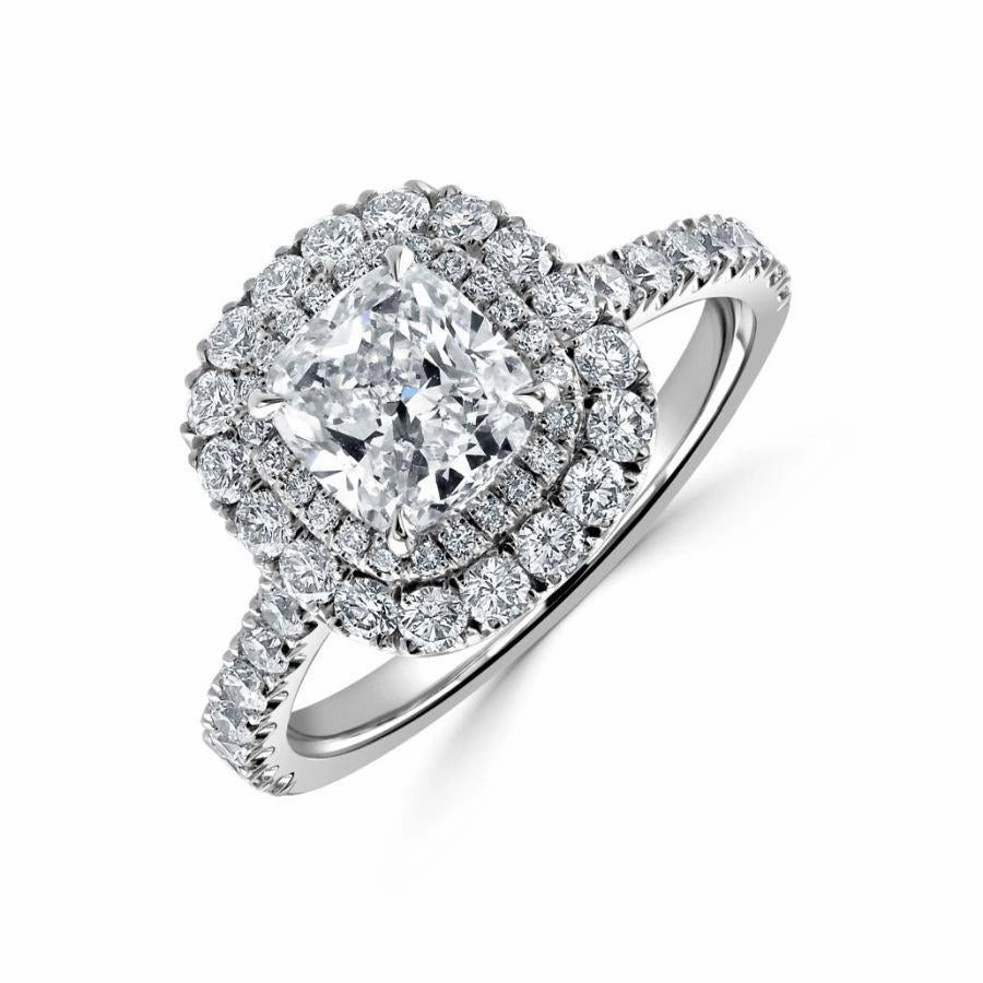 Platinum Cushion Shaped Diamond Double Halo Cluster Ring with Diamond Shoulders