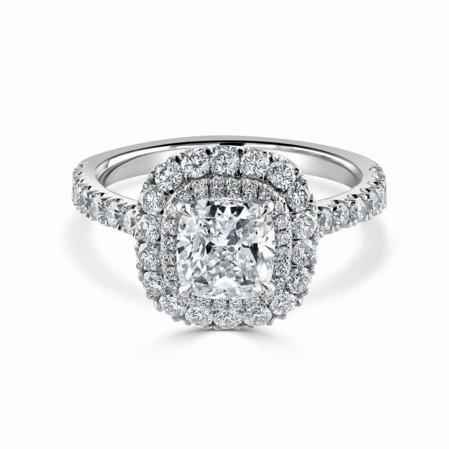 Platinum Cushion Shaped Diamond Double Halo Cluster Ring with Diamond Shoulders
