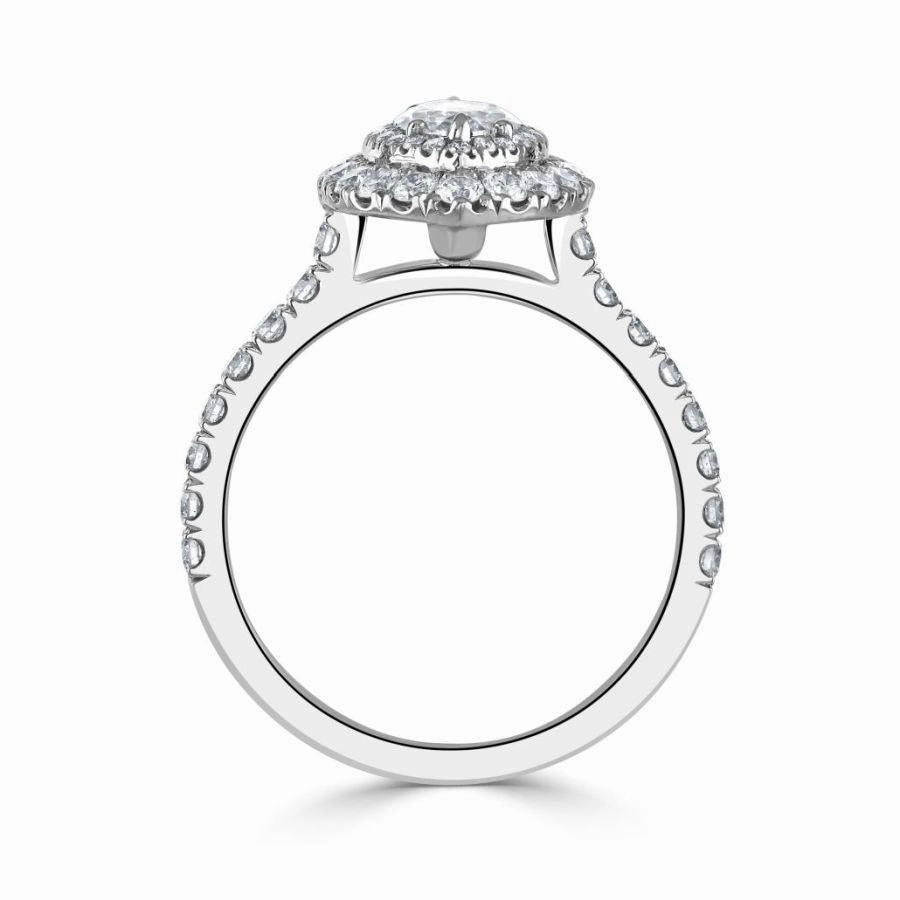 Platinum Marquise-Shaped Diamond Double Halo Cluster Ring with Diamond Shoulders
