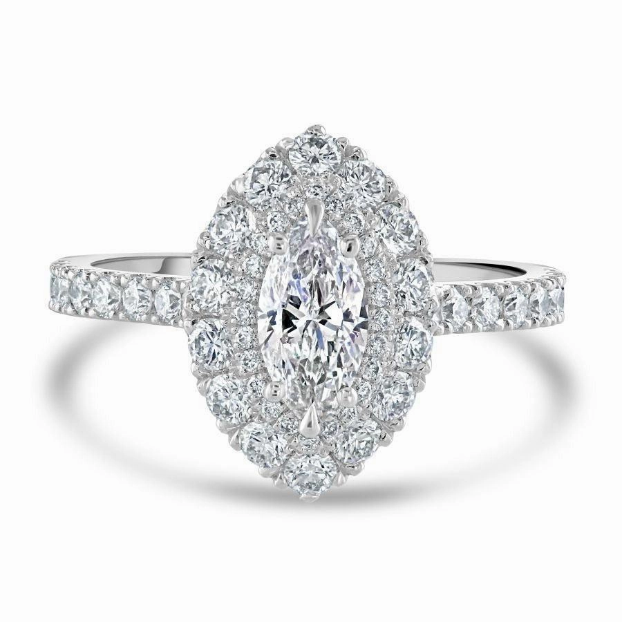 Platinum Marquise-Shaped Diamond Double Halo Cluster Ring with Diamond Shoulders