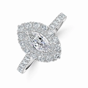 Platinum Marquise-Shaped Diamond Double Halo Cluster Ring with Diamond Shoulders