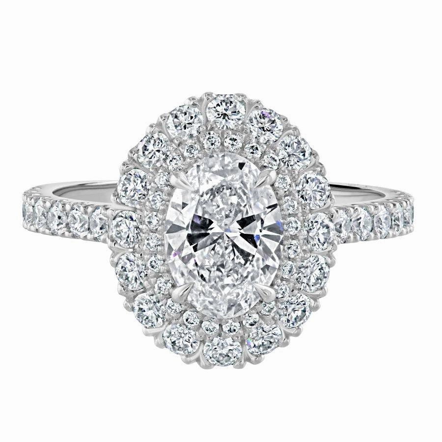Platinum Oval Diamond Double Halo Cluster Ring with Diamond Shoulders