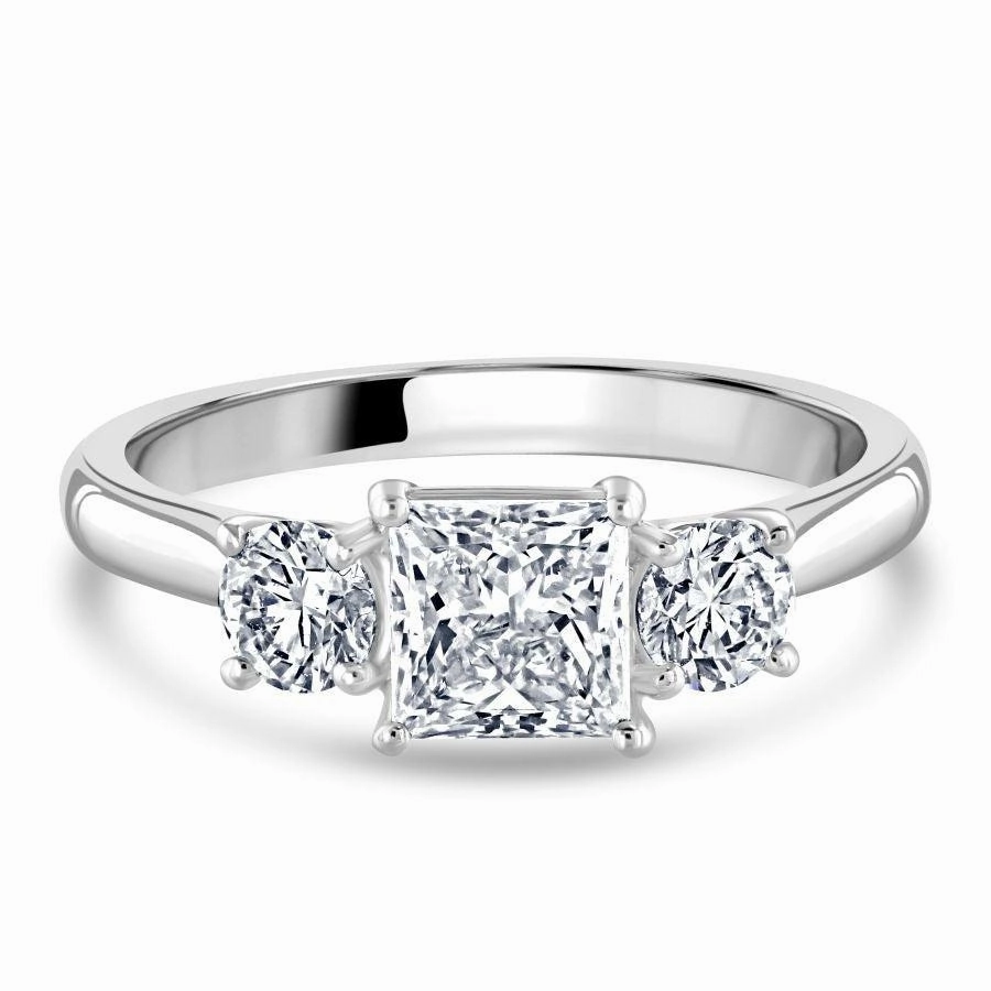 Platinum Princess Cut & 2-Round Brilliant Cut Diamond Trilogy Ring