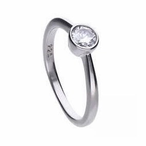 Silver Rubover Set Cubic Zirconia Solitaire Ring, size L