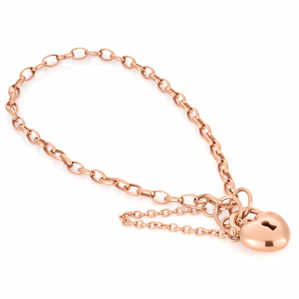Silverfilled 9ct Rose Gold Heart Padlock 19cm Bracelet