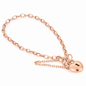 Silverfilled 9ct Rose Gold Heart Padlock 19cm Bracelet