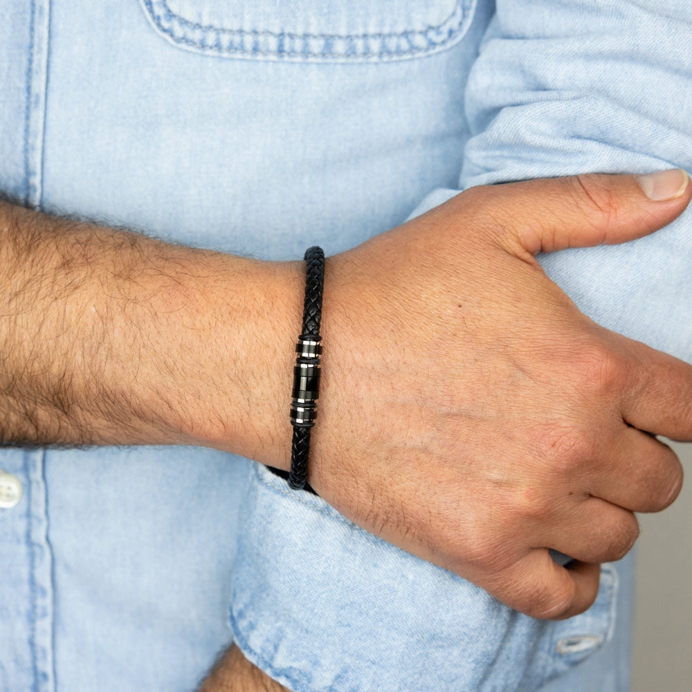 Stainless Steel Black Leather 21cm Bracelet