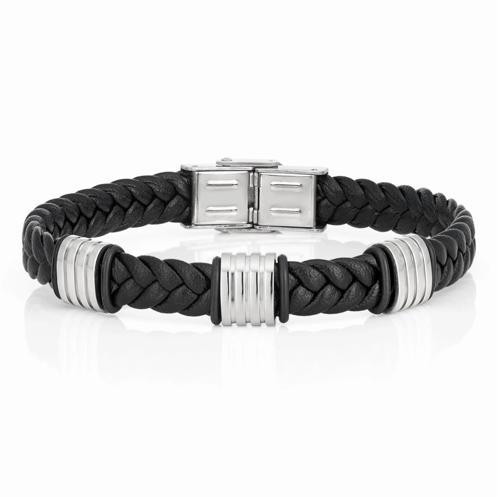 Stainless Steel Black Leather Bracelet