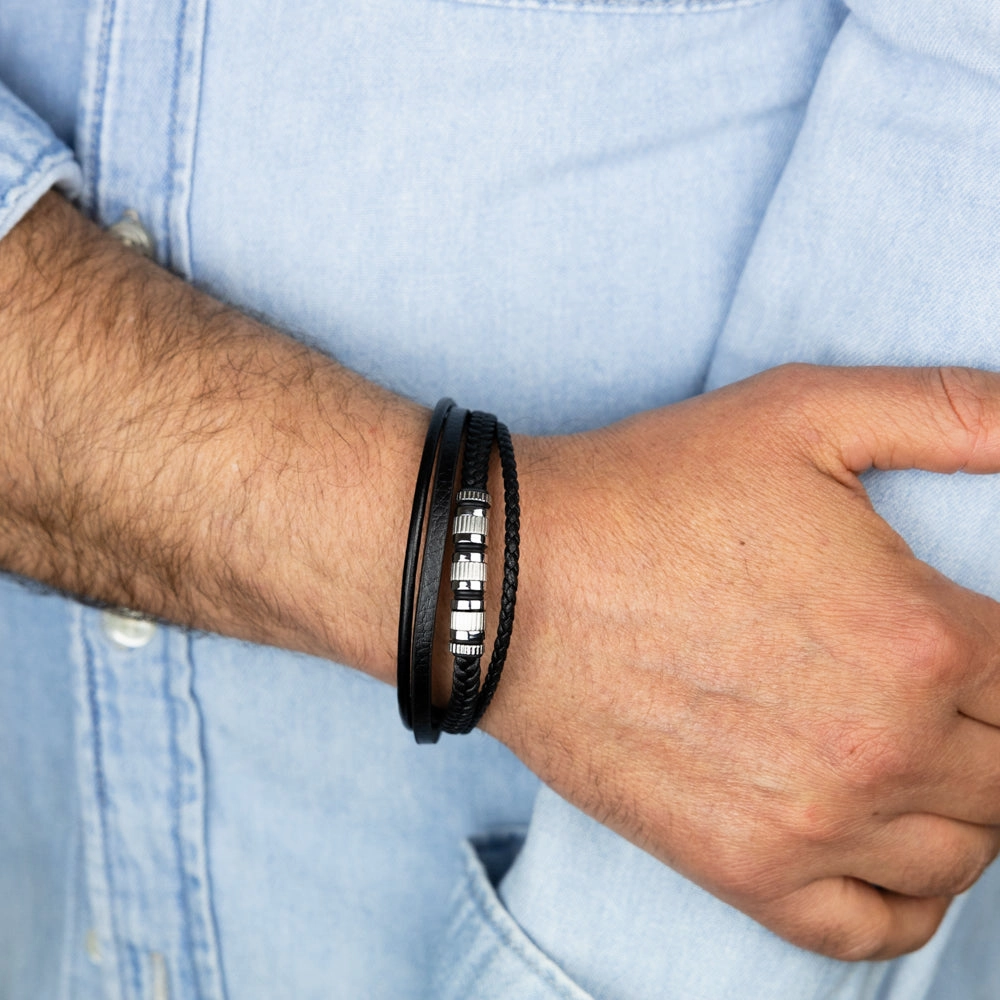 Stainless Steel Black Leather Layered 21cm Bracelet