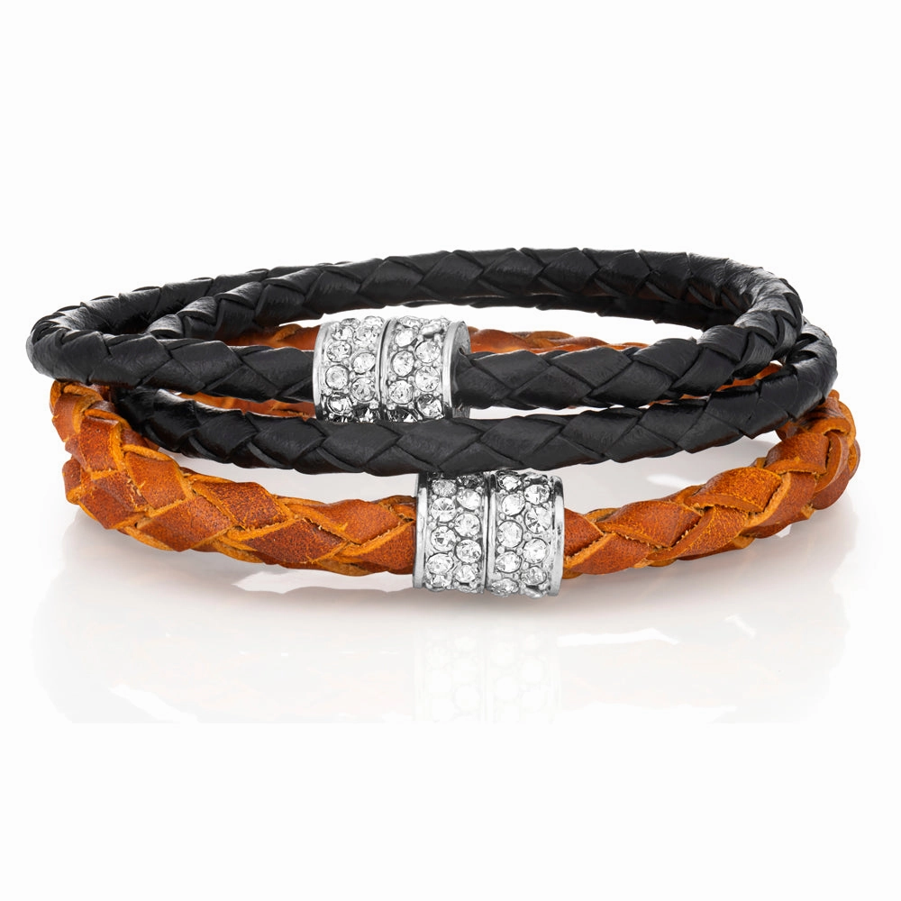 Stainless Steel Crystal Double Wrap Magnetic Fancy Tan Bracelet