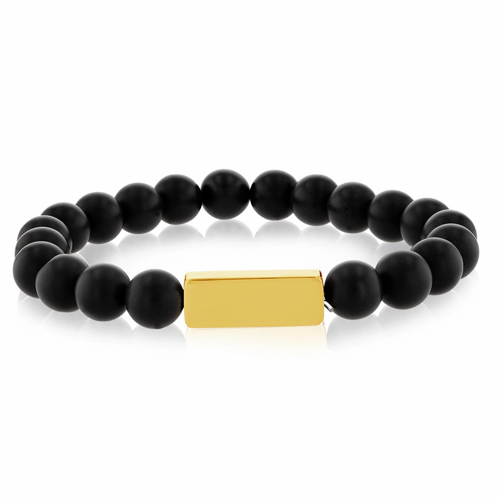 Stainless Steel Gold Plated Black Beads Stretchable Bracelet