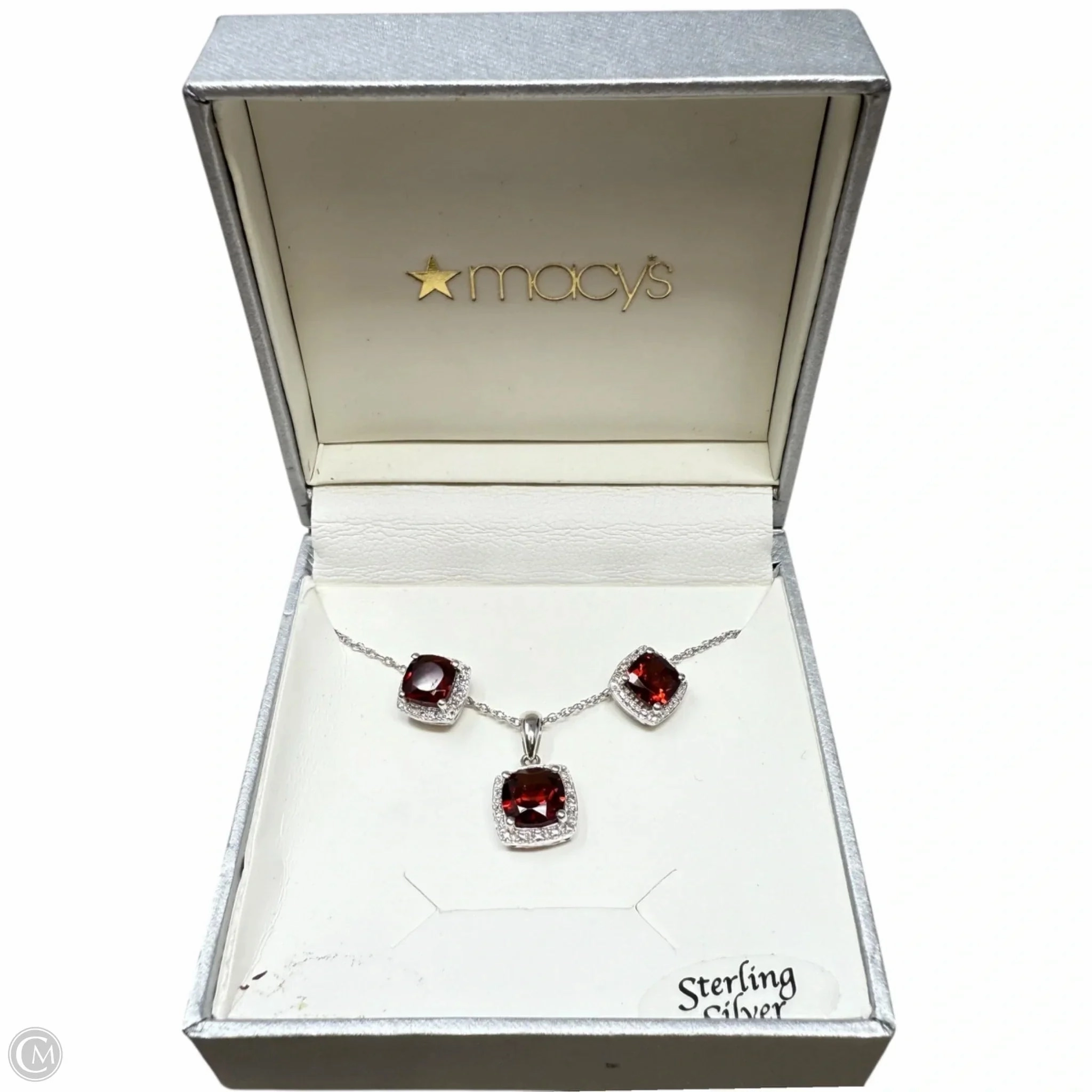 Sterling Silver & Faceted Garnet Earrings & Necklace Set By Macys, Size: 02 Piece Set