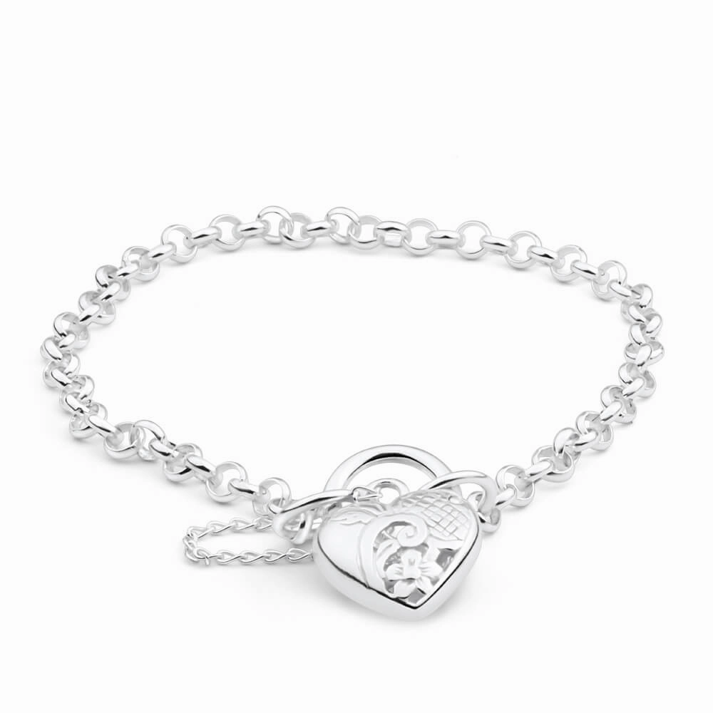 Sterling Silver Belcher Engraved Heart 20cm Padlock Bracelet