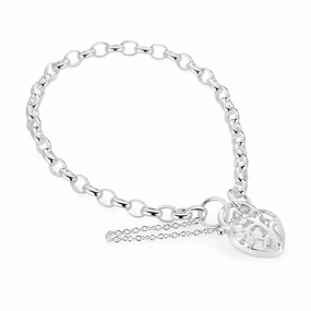 Sterling Silver Belcher Tree Of Life Heart Puff Padlock 19cm Bracelet
