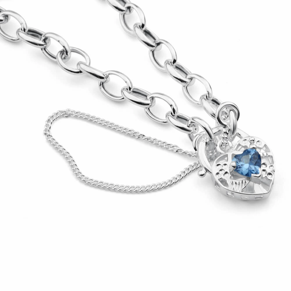 Sterling Silver Blue Cubic Zirconia Belcher Padlock Bracelet 19cm