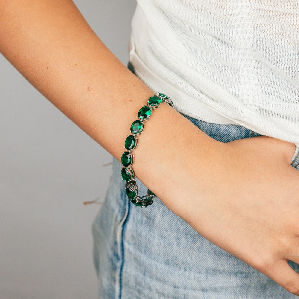 Sterling Silver Created Emerald 18.4cm Tennis Bracelet