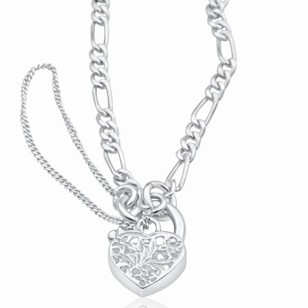 Sterling Silver Figaro 1:3 Heart Padlock Bracelet