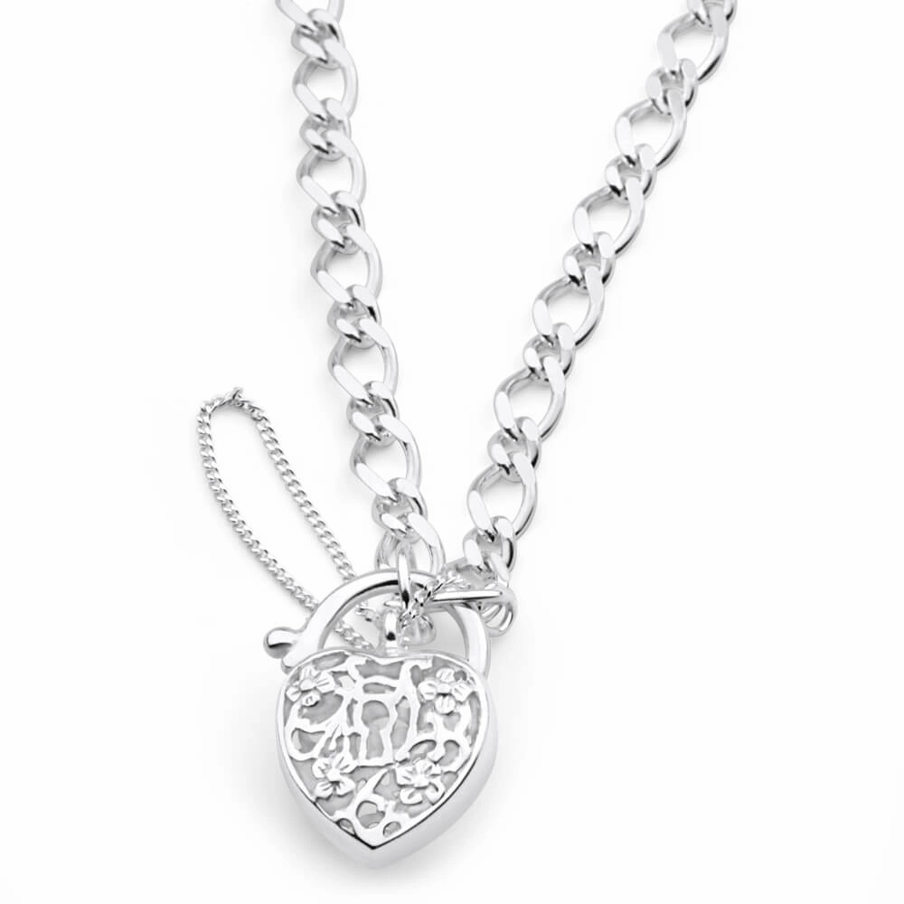Sterling Silver Filigree Heart Figaro Padlock Bracelet