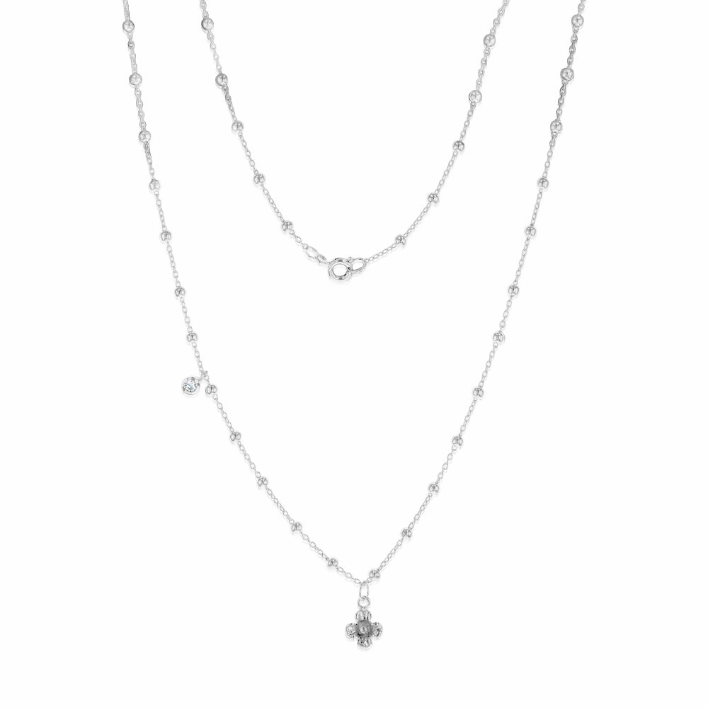 Sterling Silver Flower And Cubic Zirconia Charms On 45cm Balls Chain