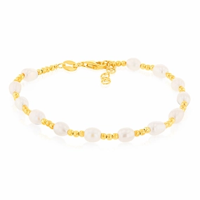 Sterling Silver Gold Plated Fresh Water Pearl And Gold Beads 17 2cm Bracelet