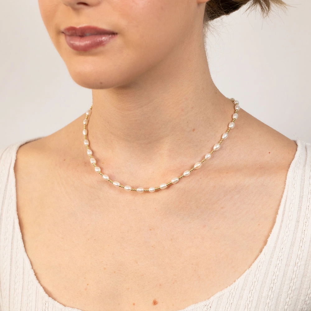 Sterling Silver Gold Plated Fresh Water Pearl And Gold Beads 40 3cm Chain