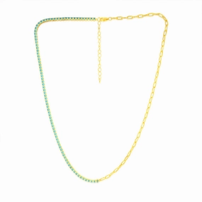 Sterling Silver Gold Plated Greenish Blue Zirconia Paperclip 45.7cm Chain