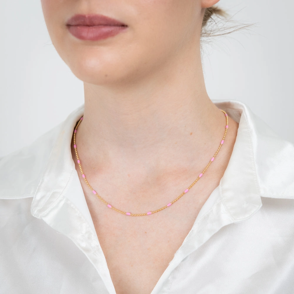 Sterling Silver Gold Plated Pink Enamel Bead 45cm Chain