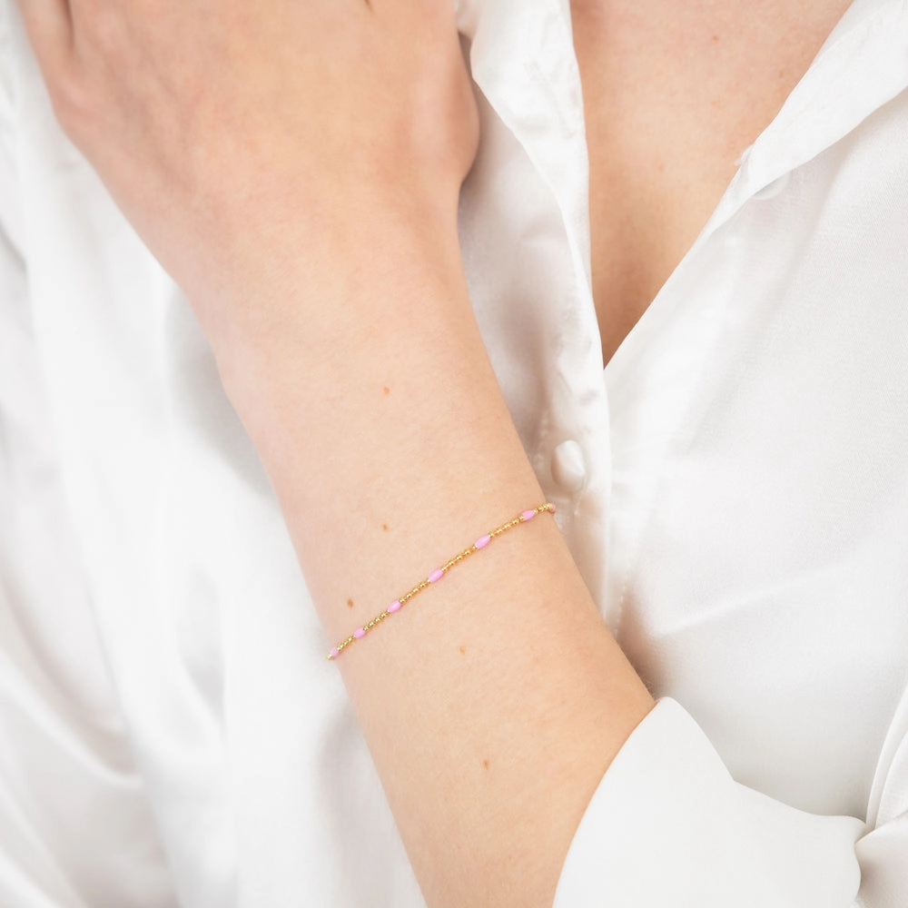 Sterling Silver Gold Plated Pink Enamel Beads 19cm Bracelet
