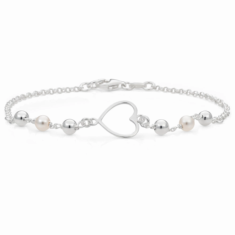 Sterling Silver Heart and Simulated Pearl Fancy Bracelet 19cm