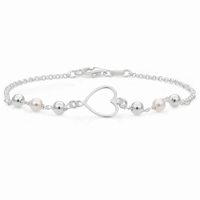 Sterling Silver Heart and Simulated Pearl Fancy Bracelet 19cm