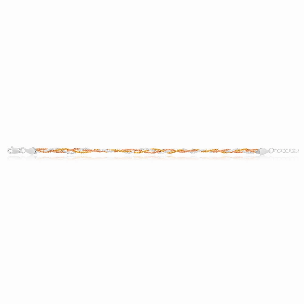 Sterling Silver Multi Strand Three Tone Gold Plated Braided Bracelet