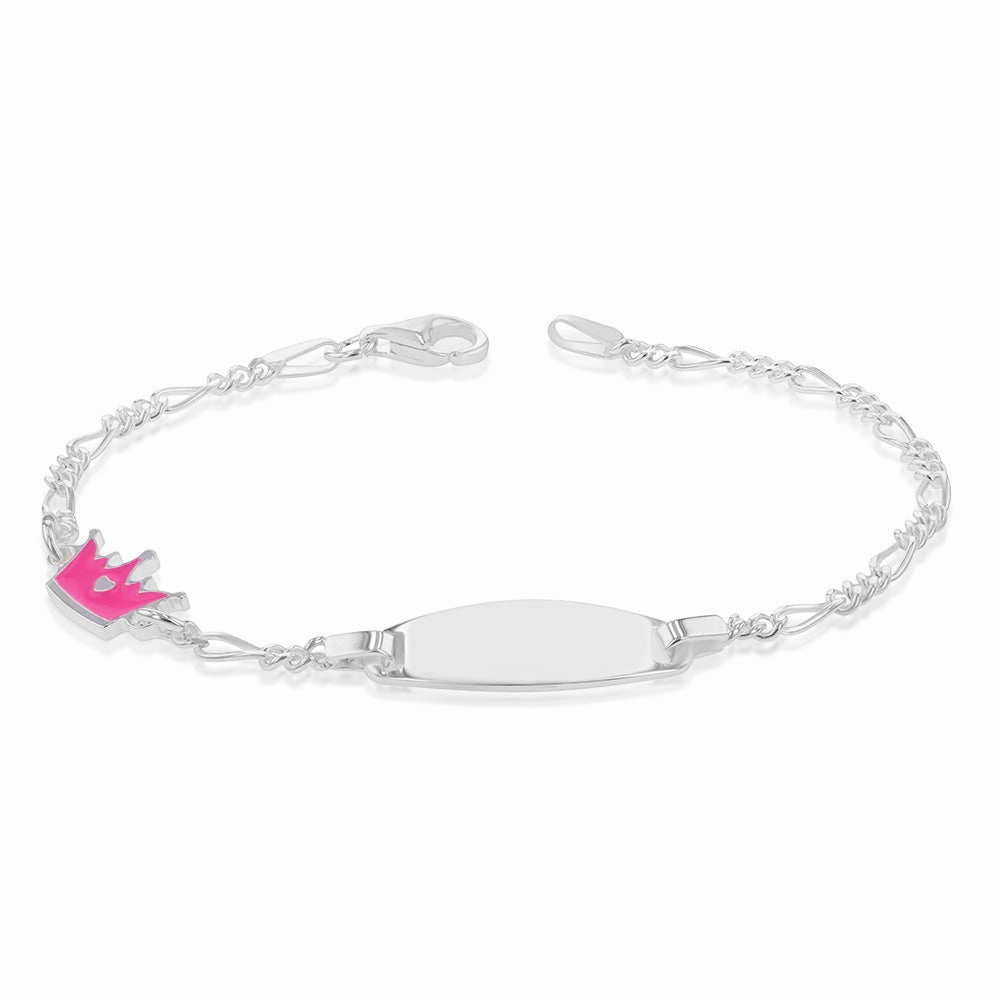 Sterling Silver Pink Crown On Figaro 16cm Baby ID Bracelet