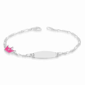 Sterling Silver Pink Crown On Figaro 16cm Baby ID Bracelet