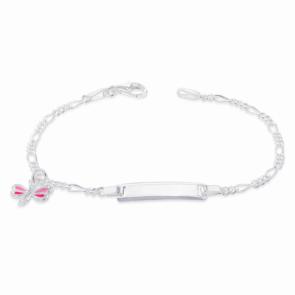 Sterling Silver Pink Dragonfly On Figaro ID 16cm Baby Bracelet