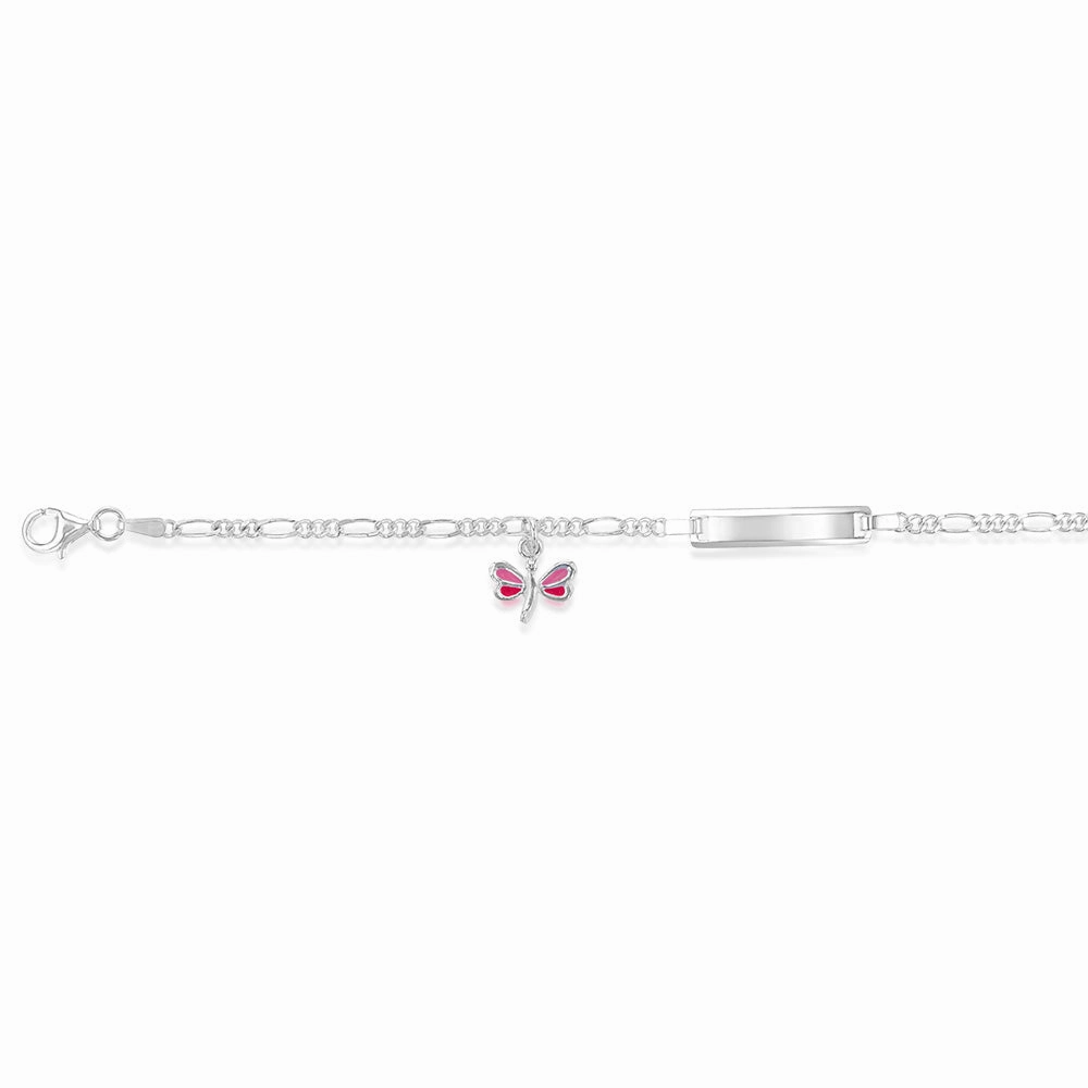 Sterling Silver Pink Dragonfly On Figaro ID 16cm Baby Bracelet