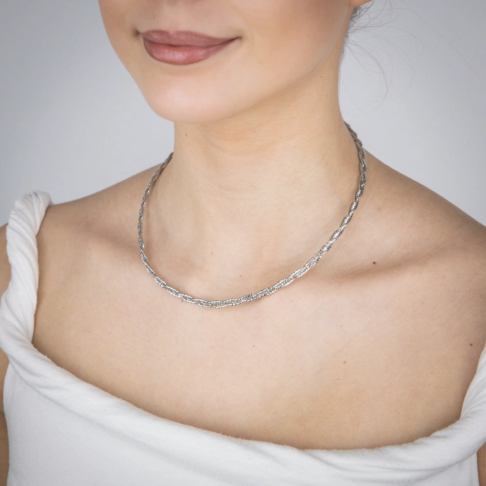 Sterling Silver Rhodium Plated Fancy Braided 42 3cm Chain