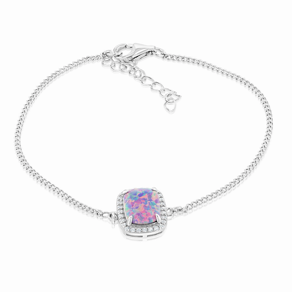 Sterling Silver Rhodium Plated Rectangle Created Purple Opal And White Zirconia 15.5 3cm Bracelet