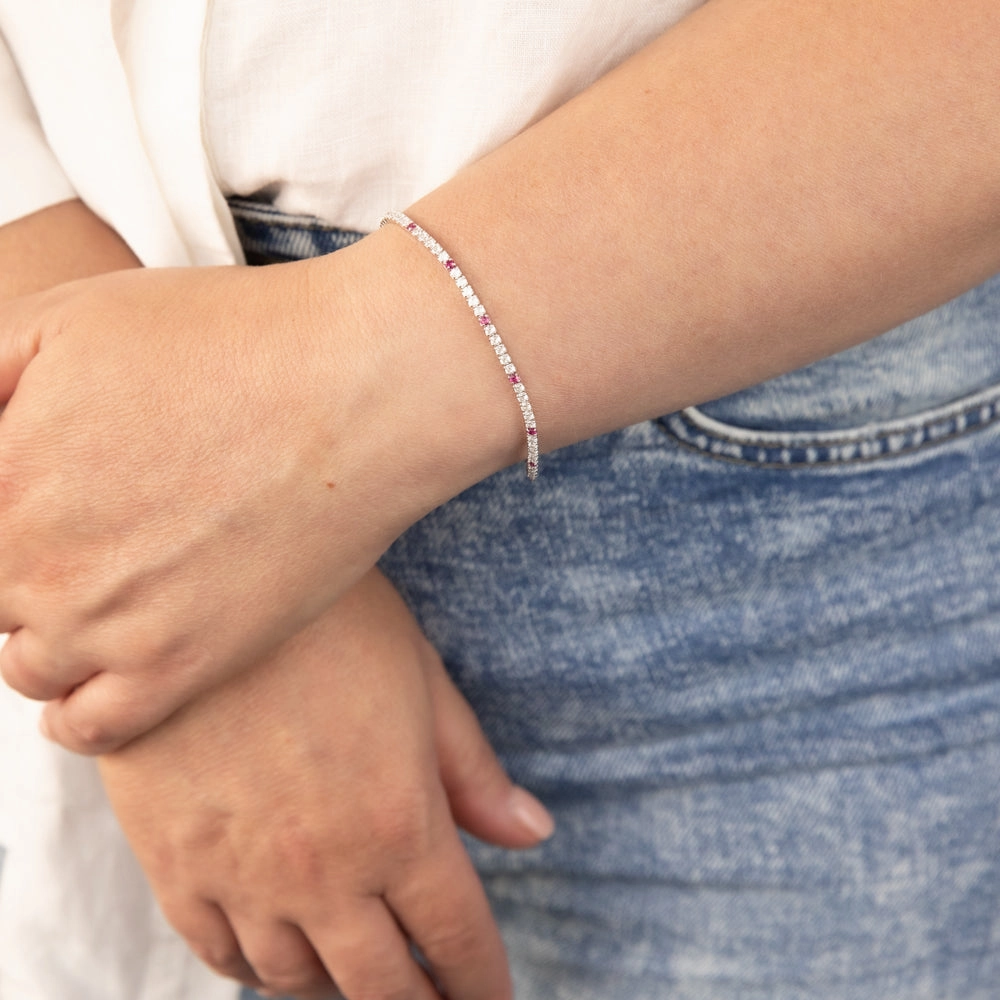 Sterling Silver Rhodium Plated Round White Zirconia And Created Ruby 16.5 3cm Tennis Bracelet