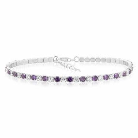 Sterling Silver Rhodium Plated White And Amethyst Round Zirconia 16.5 3cm Tennis Bracelet