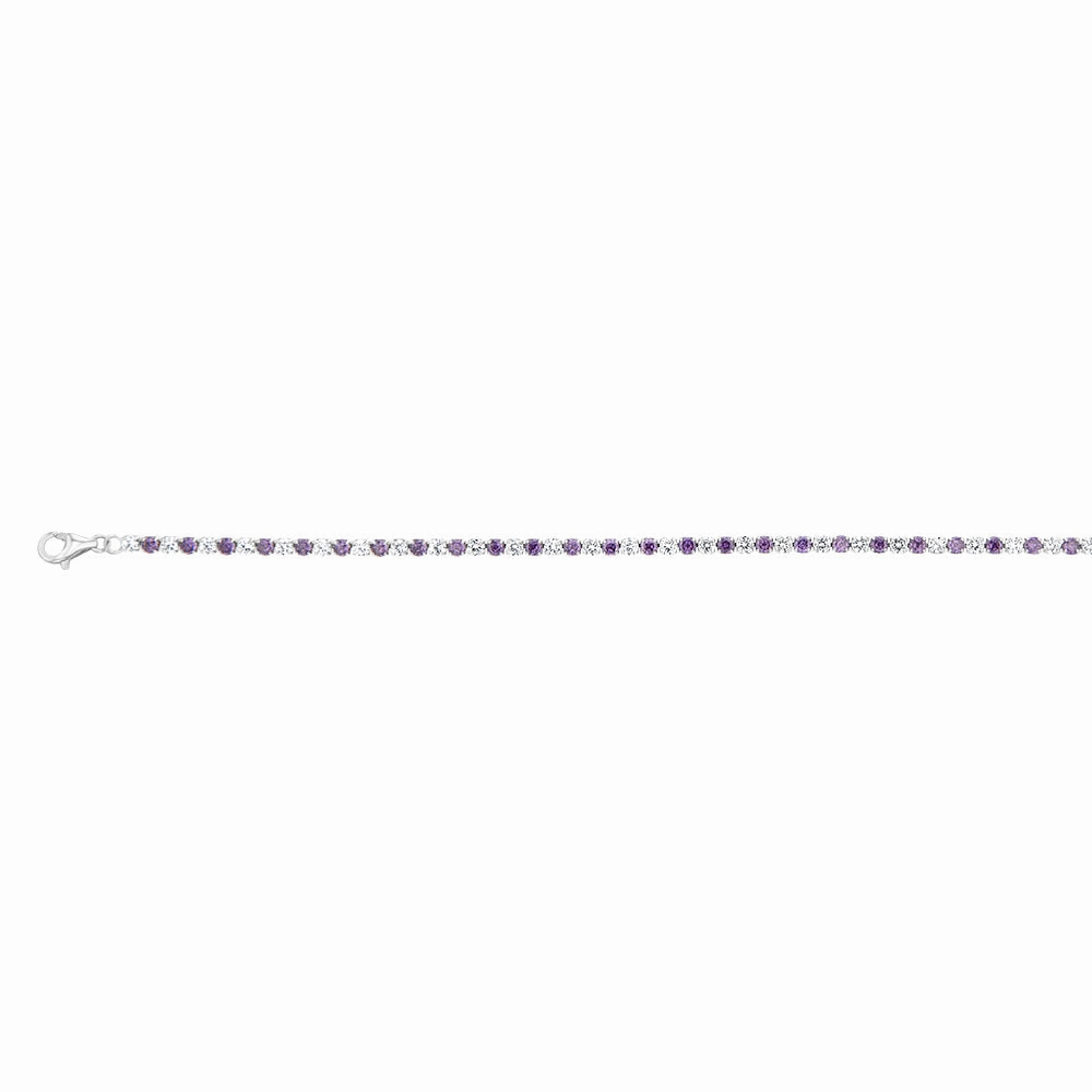 Sterling Silver Rhodium Plated White And Amethyst Round Zirconia 16.5 3cm Tennis Bracelet