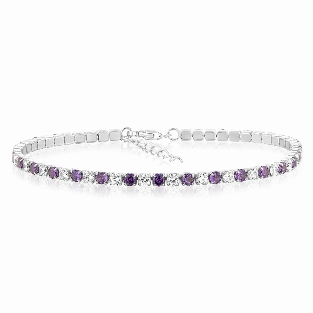 Sterling Silver Rhodium Plated White And Amethyst Round Zirconia 16.5 3cm Tennis Bracelet