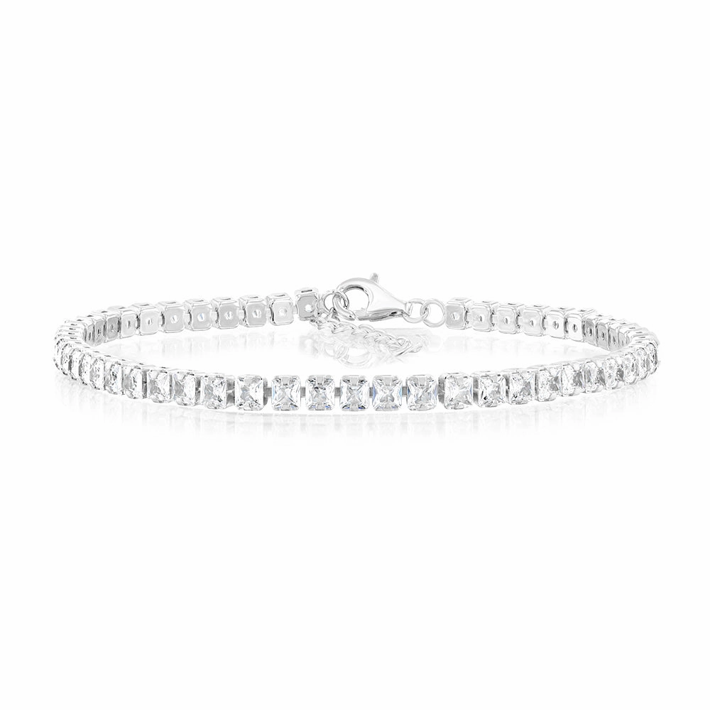 Sterling Silver Rhodium Plated White Baguette Zirconia 16.5 3cm Tennis Bracelet