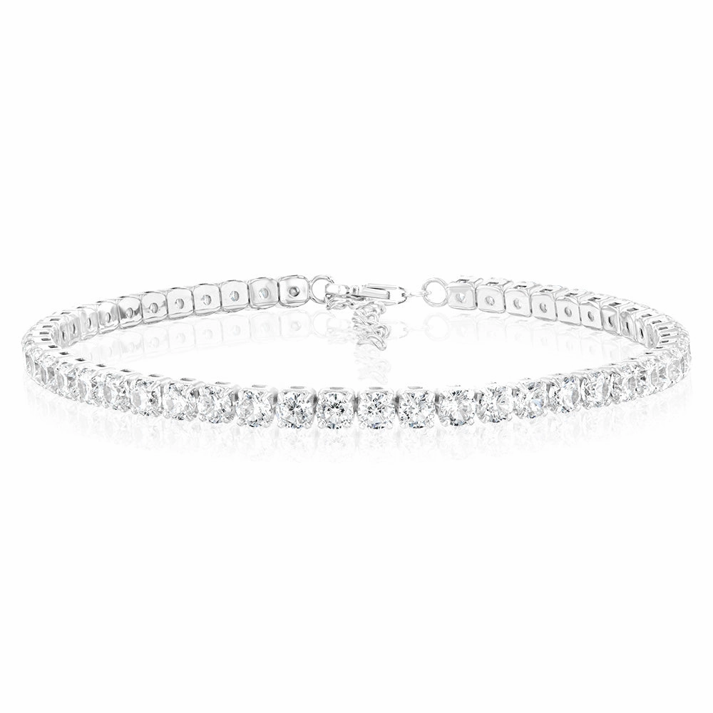 Sterling Silver Rhodium Plated White Round Cubic Zirconia 16.5 3cm Tennis Bracelet