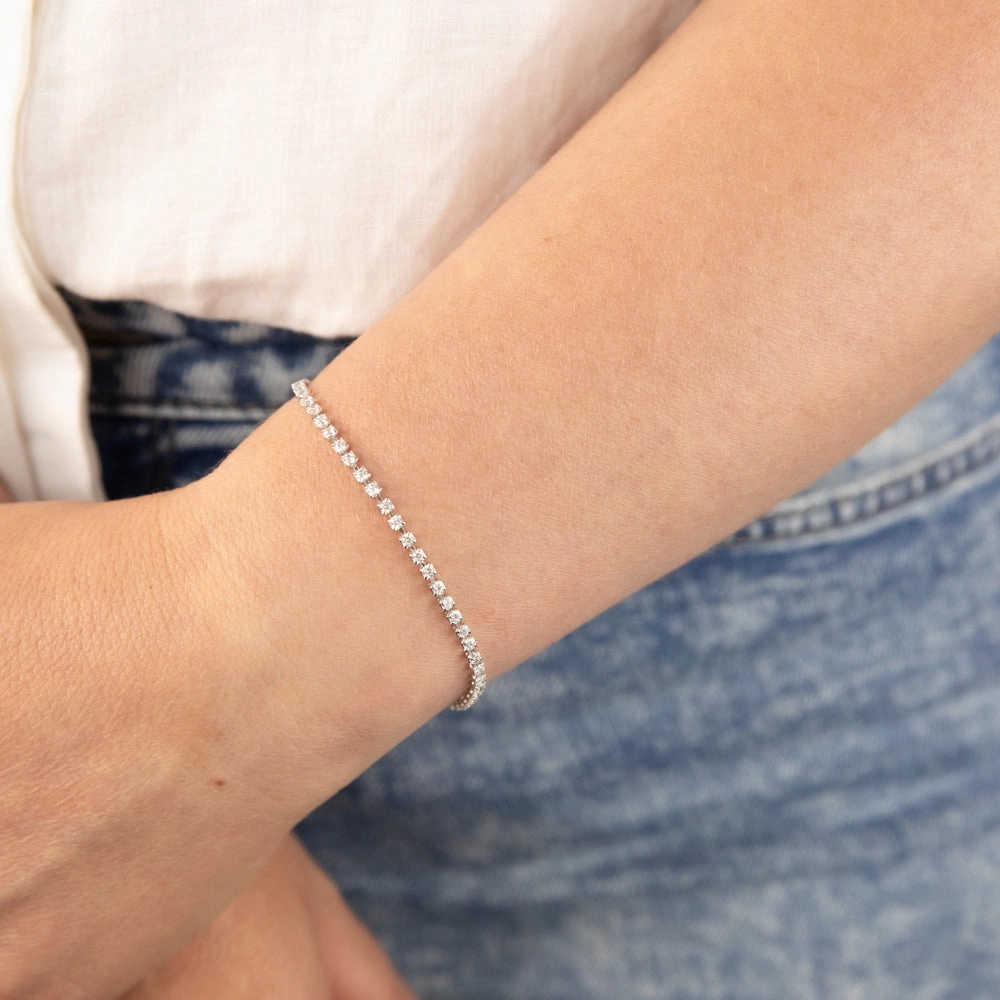 Sterling Silver Rhodium Plated White Round Zirconia 16.5 3cm Tennis Bracelet