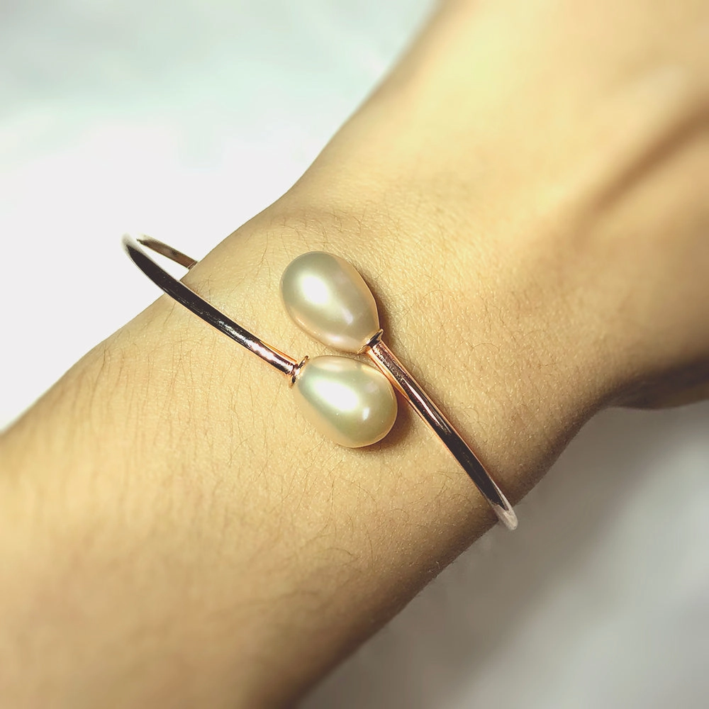 Sterling Silver Rose Gold Plated 8-10mm Freshwater Pearl Bangle